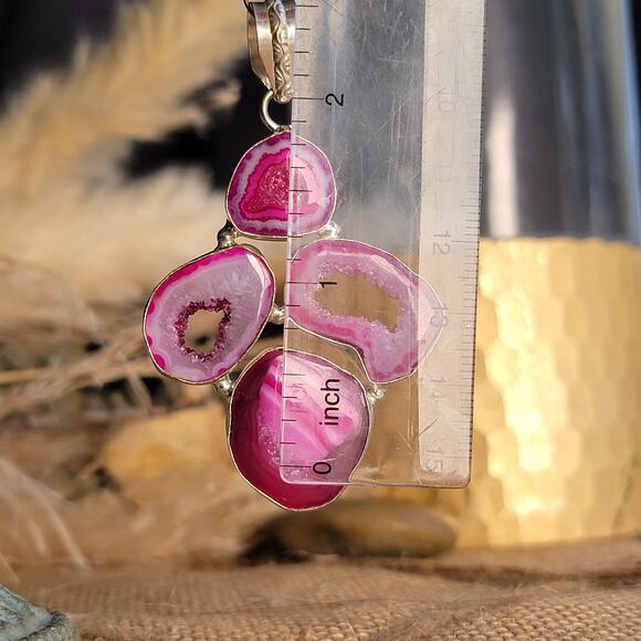 Raw Pink Geode Pendant – Vibrant Crystal Slice + 20" Sterling Silver Chain - Picture 4 of 10
